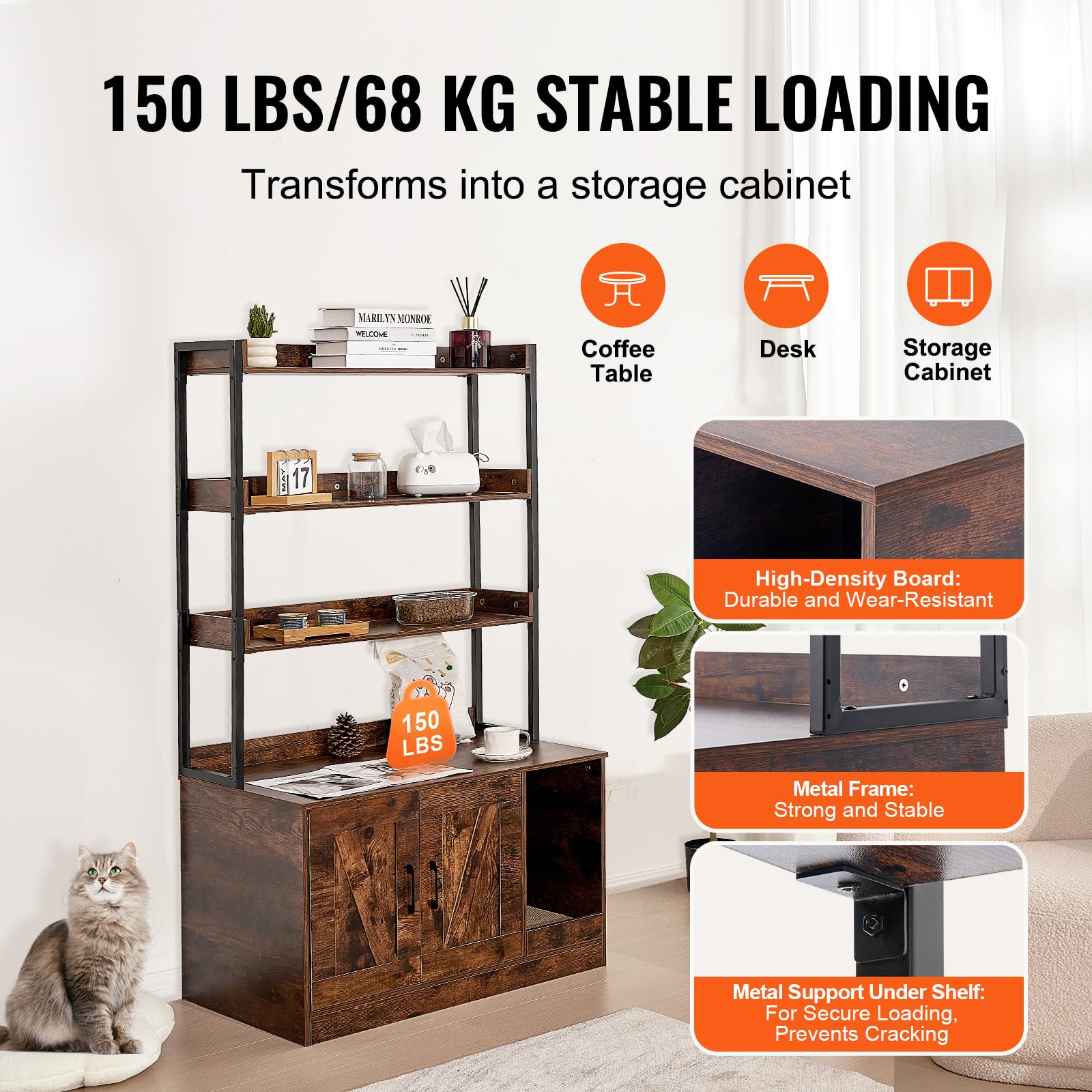 VEVOR Cat Litter Box Enclosure, Hidden Litter Box Furniture with 3 Storage Shelves, Wooden Cat Washroom Indoor, Large Cat House